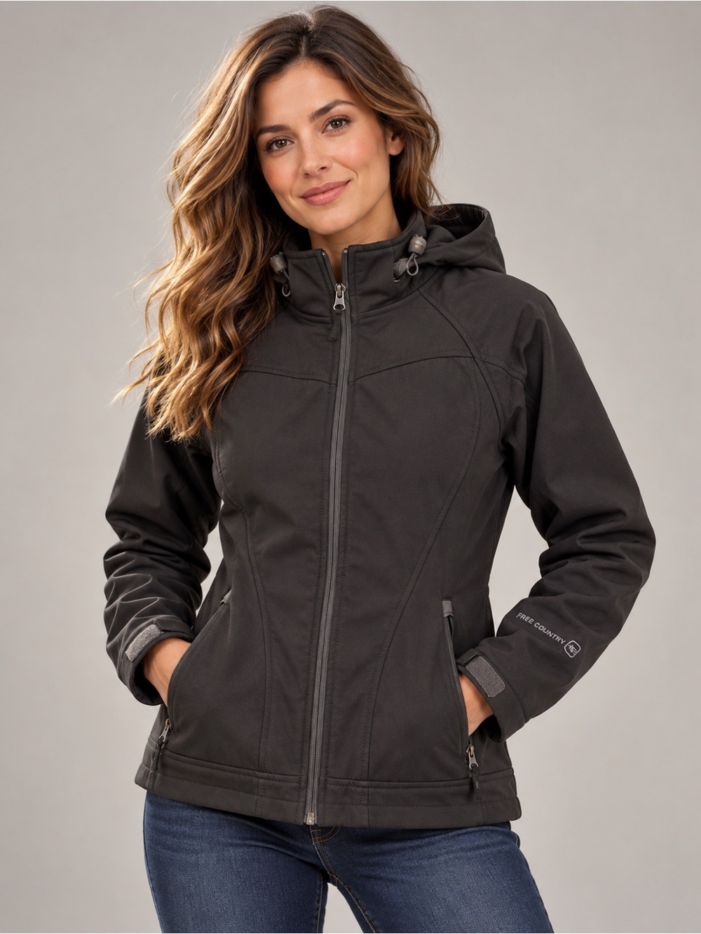 Free Country Black Jacket with Zipper Pocket Detail and Hood.